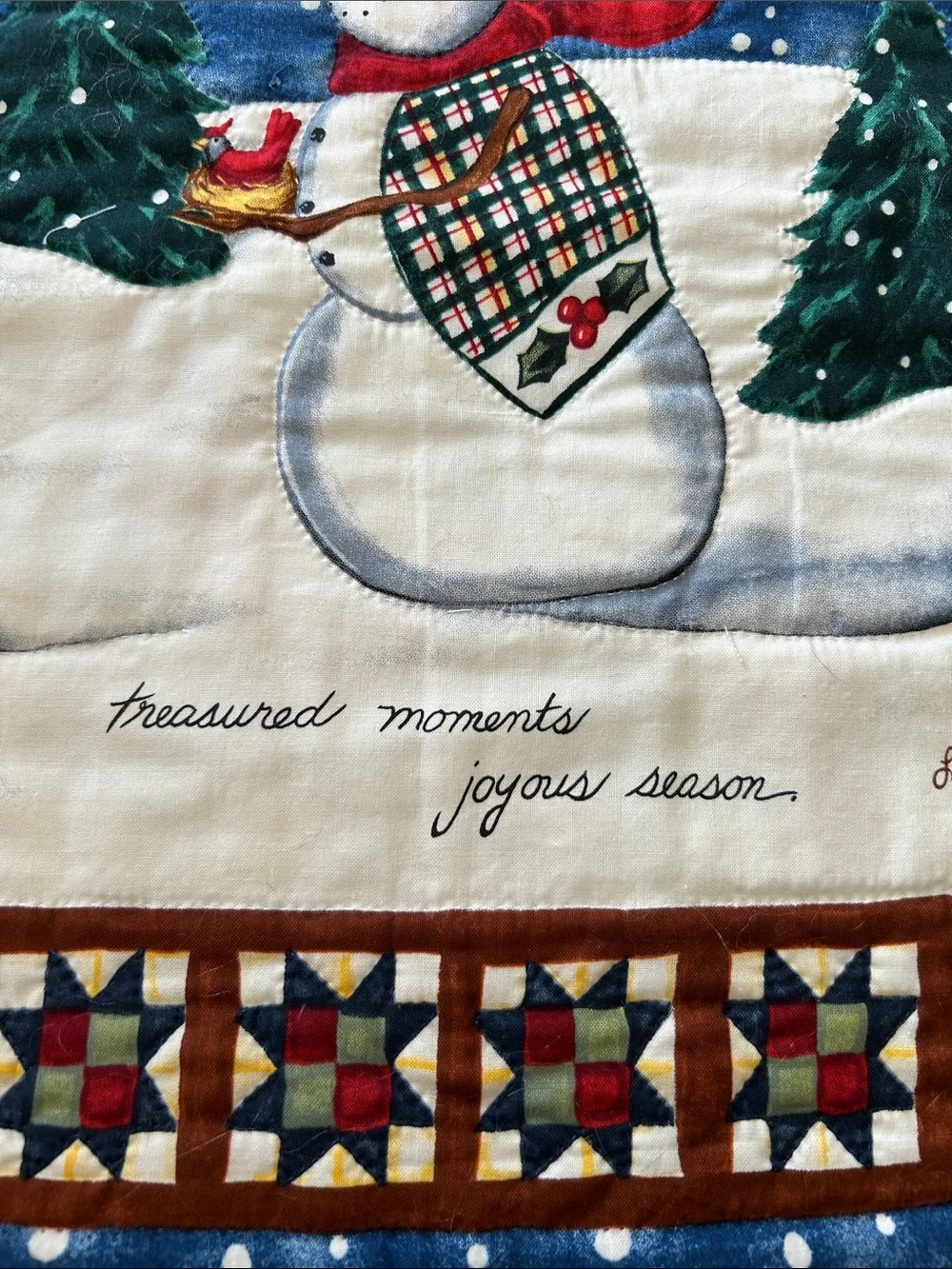 Holiday Snowman Quilted Wall Hanging - Blue and White Festive Decor